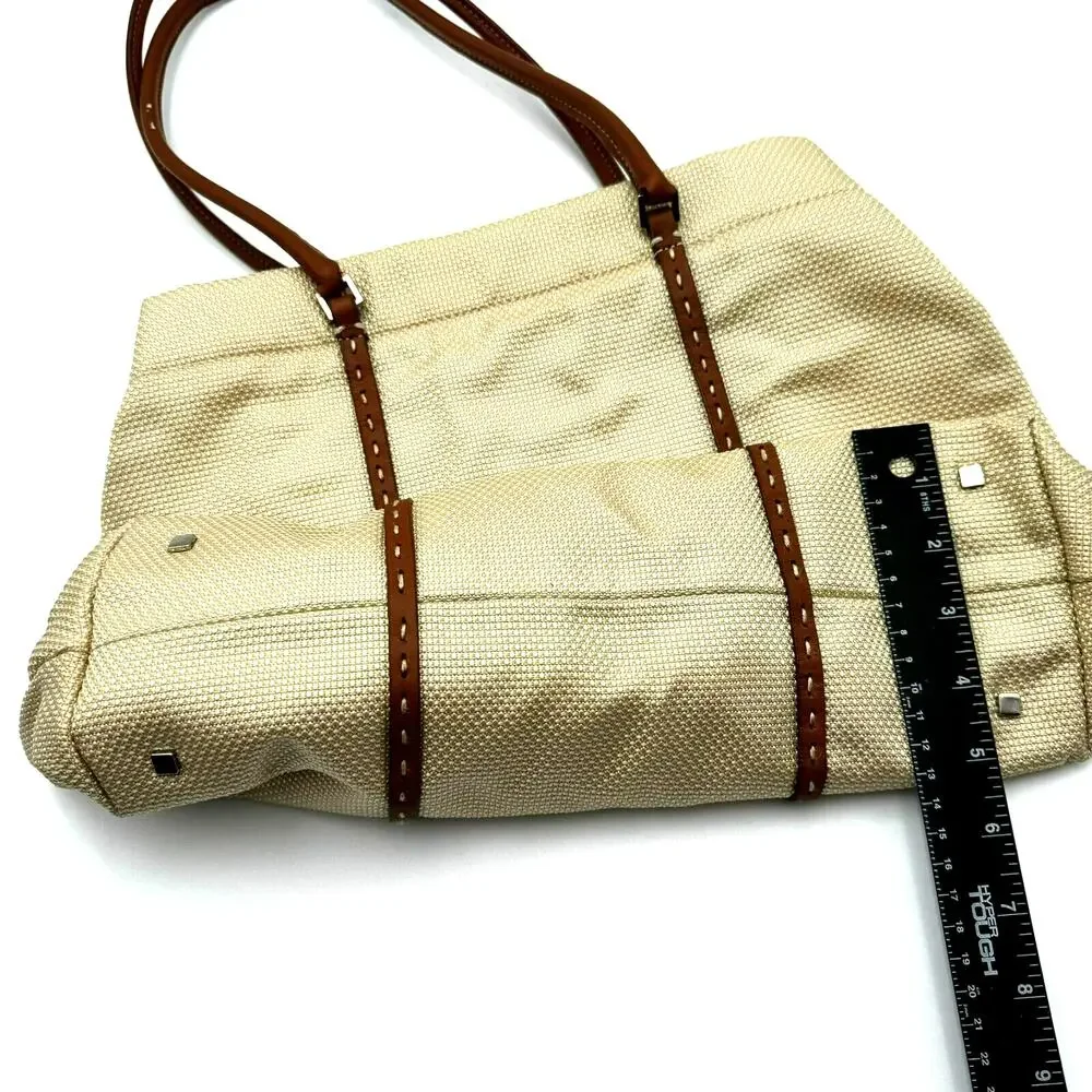 ANTONIO MELANI Tan Brown‎ Canvas Purse Handbag Shoulder Tote Faux Leather Trim